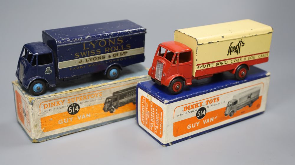 A Dinky Supertoys Guy Lyons Van, 1st type, dark blue cab / chassis / body, scratched, model 514, scratched, boxed (2)